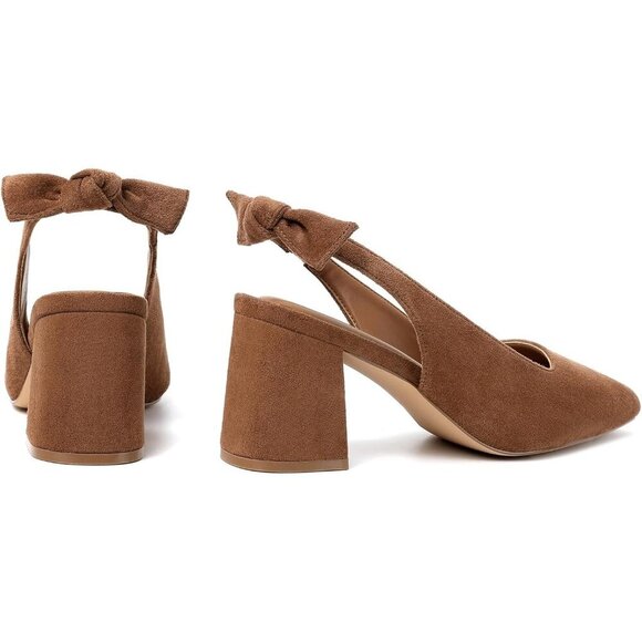 Women's Brown 2 Pointed Closed Toe Slingback Chunky Heels Office Work Pump Shoes - Picture 6 of 9